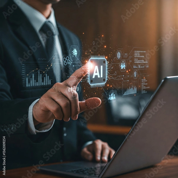 Fototapeta businessman touching virtual screen. AI business and generative artificial intelligence. Data analysis and robotic processes automation.