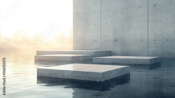 Fototapeta Minimalist Concrete Platforms in Calm Water at Sunrise