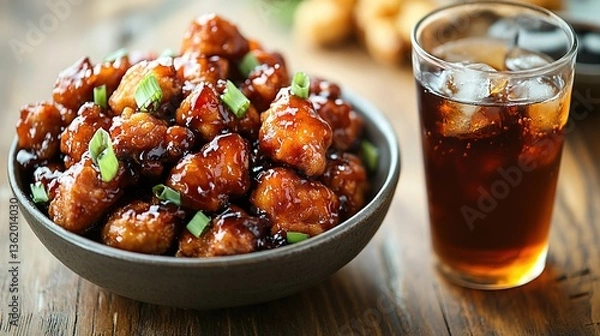 Obraz A gourmet twist on General Tso's Chicken, plated elegantly with microgreens and a drizzle of chili oil for added heat