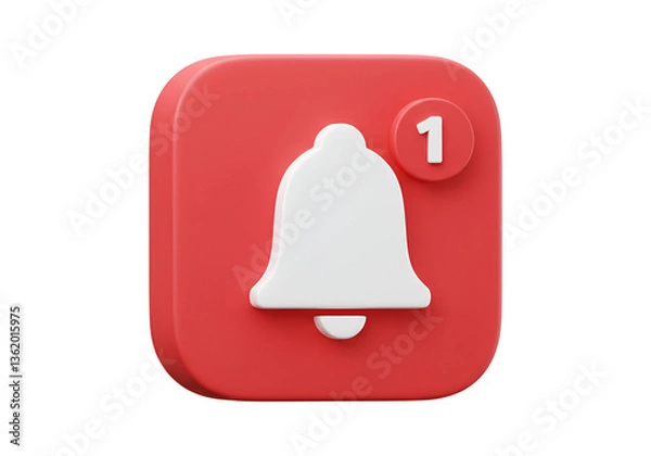Fototapeta Rounded Square Red Alert Icon with White Bell Inside 3D Design