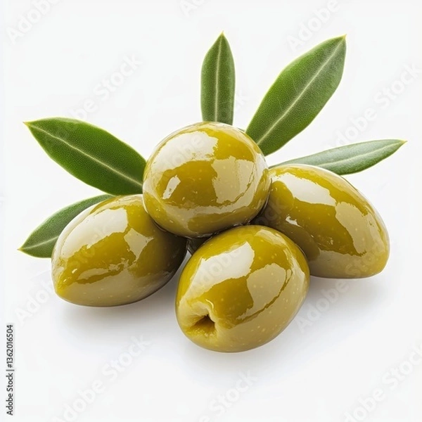Fototapeta Delicious green olives with leaves, isolated on white background