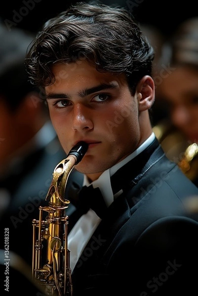 Obraz A young musician playing a saxophone at a formal concert setting