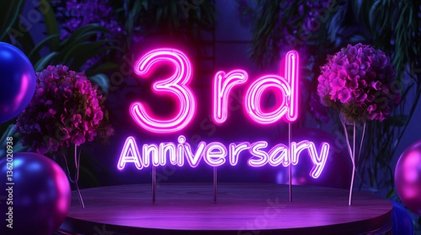 Fototapeta 3rd Anniversary neon lit text, glowing typography