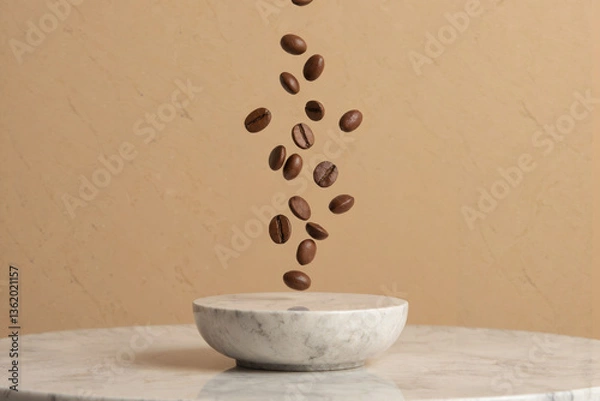 Obraz Floating Coffee Beans on Marble Podium