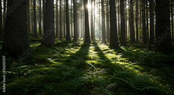 Fototapeta Sunlight shining through tall trees in a green forest