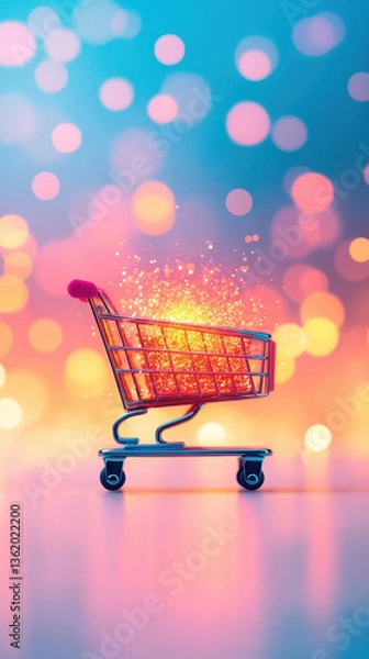 Fototapeta shopping cart filled with glowing particles stands against vibrant, colorful background, evoking sense of excitement and wonder in realm of online shopping