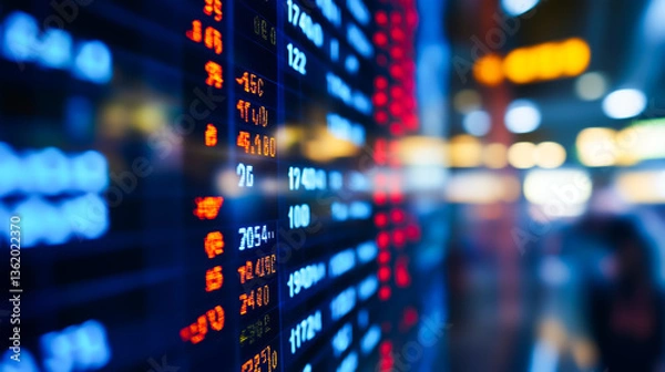 Fototapeta Close-up of illuminated digital stock market board displaying fluctuating numbers in red, blue and yellow with bokeh lights, Concept of financial trading, volatility and investment strategy.