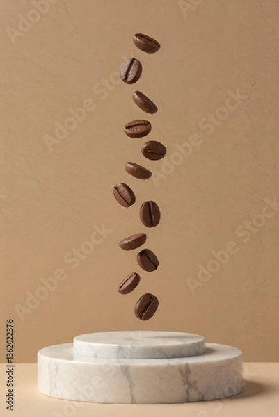 Obraz Floating Coffee Beans on Marble Podium