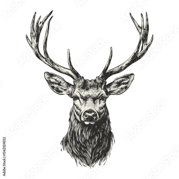 Fototapeta deer with large antlers, surrounded by decorative foliage, evoking a sense of nature, wildlife, and elegance sketch engraving