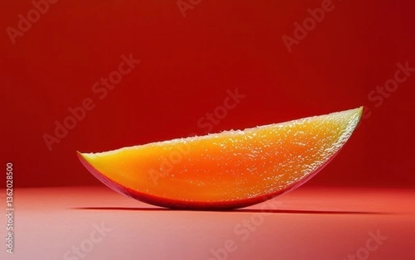 Fototapeta Close-up of a vibrant mango slice, glistening with tiny crystals, set against a deep red backdrop. The lighting accentuates the juicy texture and creates a dramatic, visually appealing image