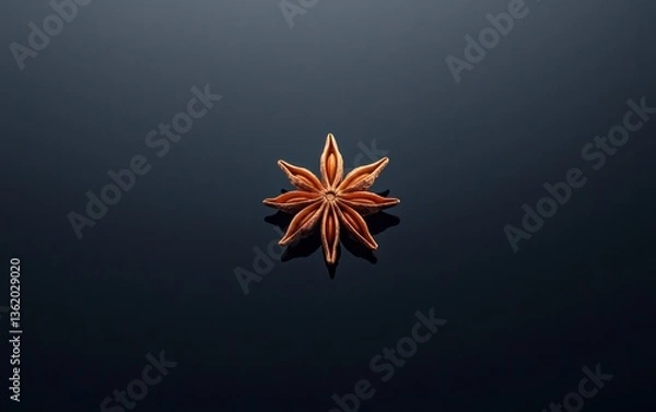 Fototapeta Single star anise spice on dark reflective surface.  High contrast, dramatic lighting. Close-up view