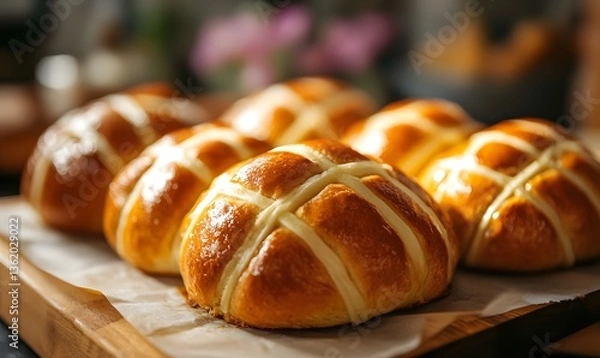 Fototapeta Hot Cross Buns on the table, Generative AI