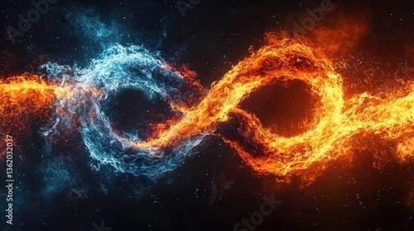 Obraz Abstract digital art depicting intertwining blue and orange flames against a dark, starry background. The image uses particle effects to create a dynamic and ethereal look