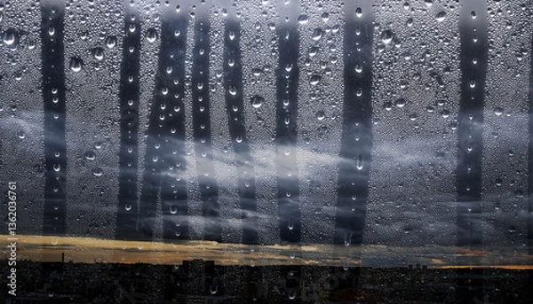 Fototapeta 6月・梅雨　雨の降る暗い曇り空　雲の多い街の風景　雨粒の水滴がついた窓ガラス越しの背景　湿気で曇る表面　季節・湿度・天気