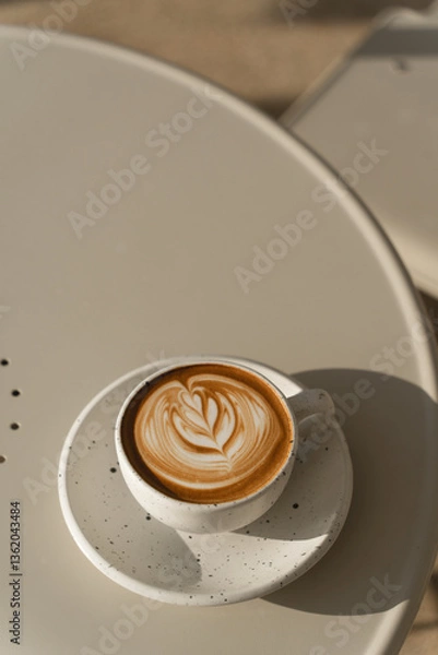 Fototapeta A latte with foam art in a textured ceramic cup, set against a neutral backdrop.