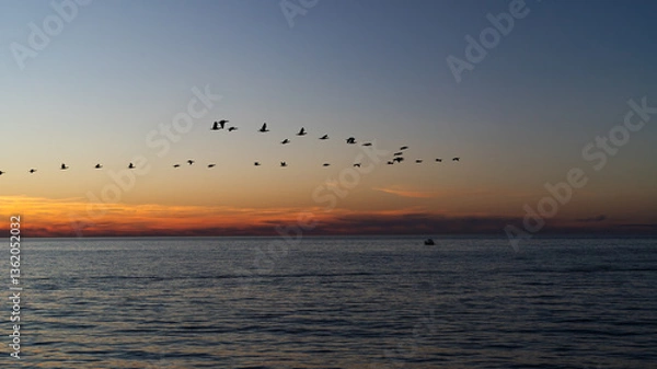 Fototapeta Stunning ocean sunset with birds in colorful sky, serene atmosphere. Twilight signals end of day.