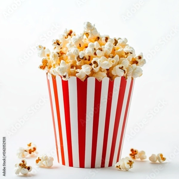 Fototapeta Popcorn falling into a red striped paper cup, isolated on white background