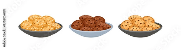 Fototapeta Set of different biscuit on plates. Vector cartoon flat illustration of sweet cookies.