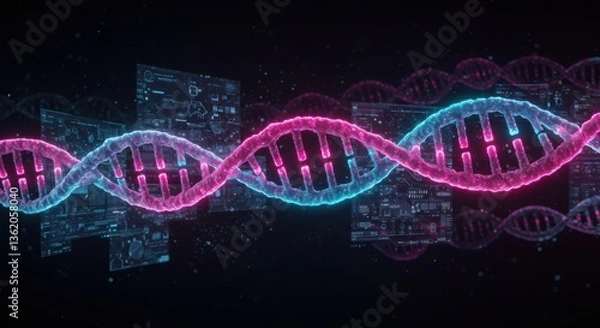Fototapeta Cyberpunk DNA Strand with Holographic Data