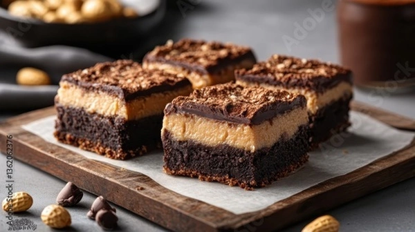 Fototapeta This mouth-watering image portrays perfectly layered brownie slices topped with creamy textures and chocolate, beautifully arranged to entice dessert lovers and food enthusiasts alike.