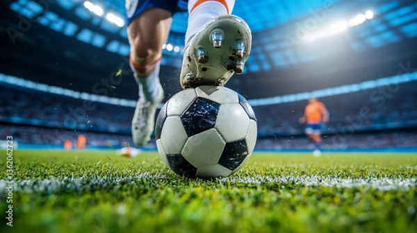 Fototapeta A close up shot of a soccer ball with a player's foot on it during a match at a stadium field