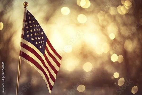 Fototapeta Cinematic patriotic tribute, an American flag waving in golden sunset light, soft-focus background with February 1st inscription.