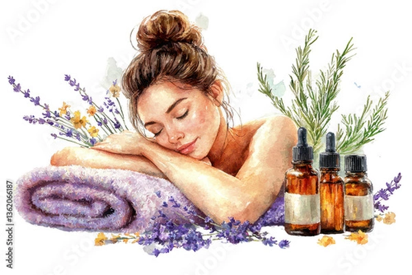 Fototapeta A serene woman relaxes on a rolled towel, surrounded by lavender and essential oil bottles, embodying tranquility and self-care.