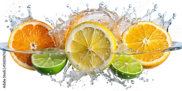 Fototapeta Citrus Burst: A vibrant close-up captures the refreshing splash of water as sliced citrus fruits—oranges, lemons, and limes—interact in a dynamic display, promising a taste of zesty freshness.