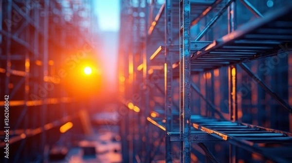 Obraz Sunset Glow on Industrial Scaffolding Construction Site at Dusk