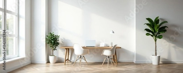 Fototapeta Modern office workspace with desk and empty white wall, office space, modern furniture