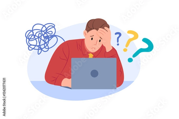Obraz A young man looks stressed and confused while working on his laptop, surrounded by question marks and a tangle of lines. He seems overwhelmed by the complexity of the task. Vector illustration.