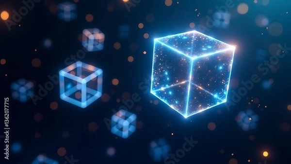 Fototapeta Glowing 3D cubes, blockchain concept, floating geometric shapes, futuristic technology