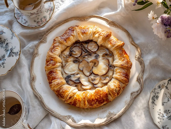 Obraz Homemade mushroom galette with golden puff pastry crust on vintage plate. Open savory cream parmesan cheese pie. Rustic dining, gourmet pastry. Family dinner table, tea set, flower on linen tablecloth