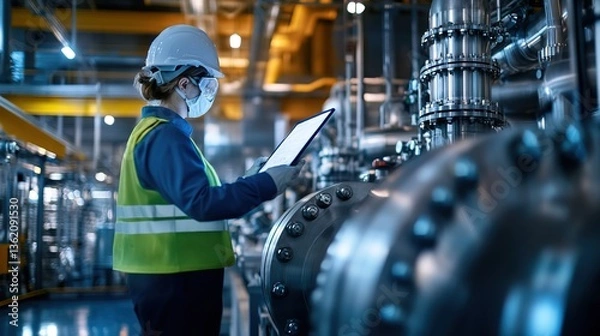 Fototapeta A high-tech hydrogen production facility, workers monitoring clean energy generation