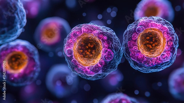 Obraz Vibrant microscopic view of cells showcasing intricate structures and dynamic activity in a scientific environment