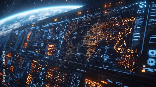 Obraz Global digital network interface displaying connected data points and geographical map at nighttime
