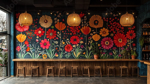 Obraz Colorful floral mural enhances vibrant cafe atmosphere with rustic seating and warm lighting