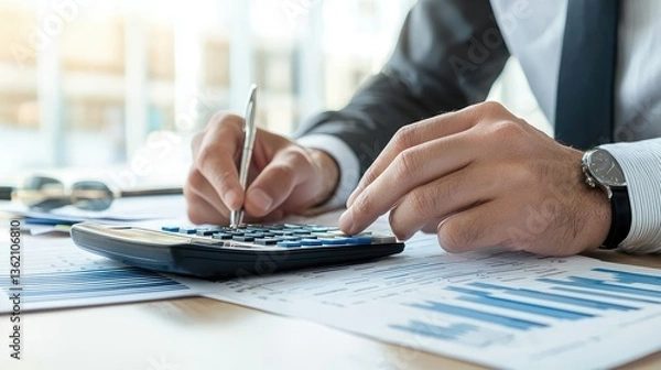 Obraz Man reviewing tax documents with a calculator and online accounting software