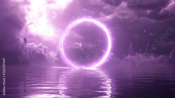 Fototapeta Mystical portal ring over water, dramatic clouds