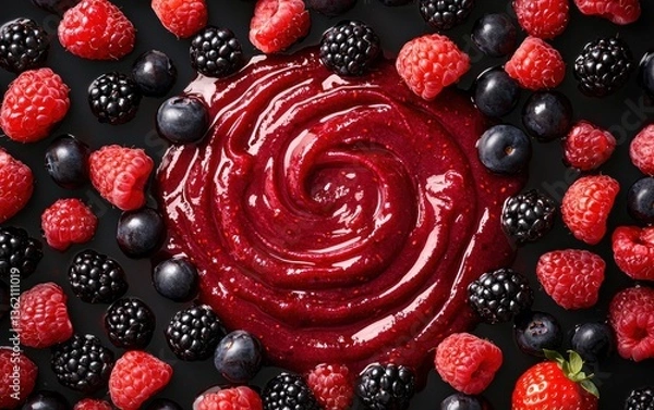 Obraz A vibrant overhead shot showcasing a swirled berry puree encircled by fresh raspberries, blackberries, and blueberries on a dark background