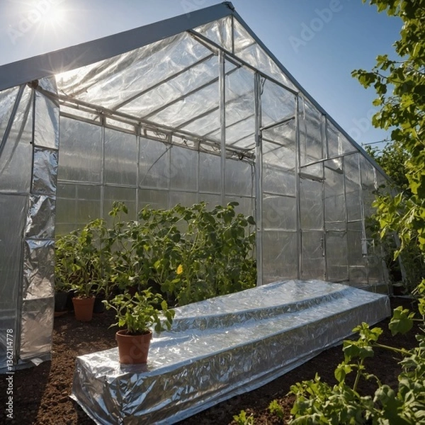 Fototapeta A durable thermal reflective cover insulating a greenhouse, reflecting excess heat while preserving plant warmth.


