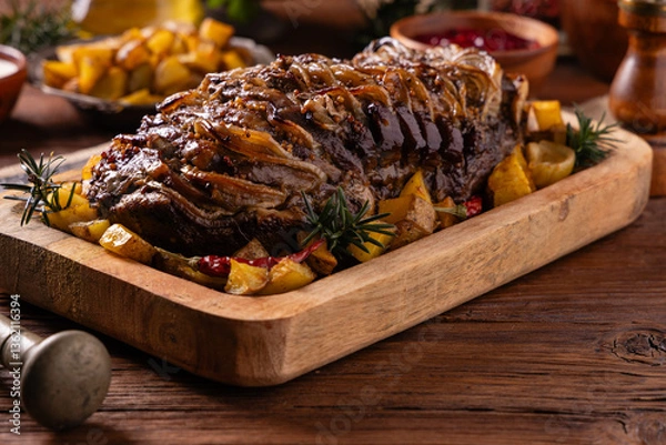 Obraz Roasted whole pork neck. Stuffed with onion slices. Served with baked potatoes.