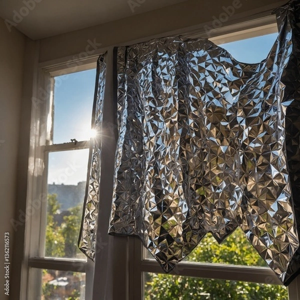 Fototapeta A foldable thermal reflective cover placed on a bedroom window, deflecting sunlight and maintaining a cool room.


