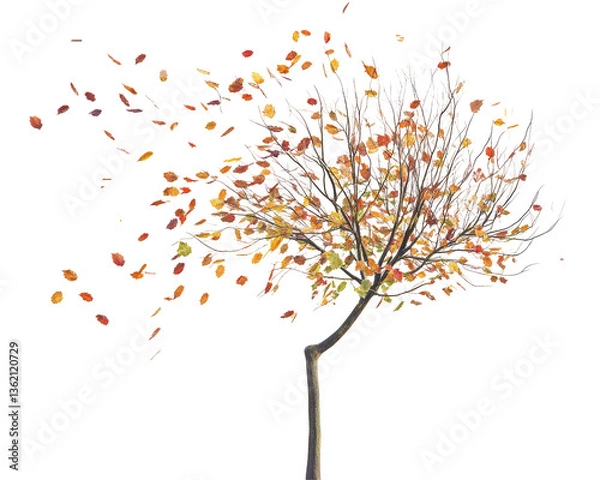 Fototapeta Abstract Autumn Tree with Colorful Leaves Blowing in the Wind on Transparent Background