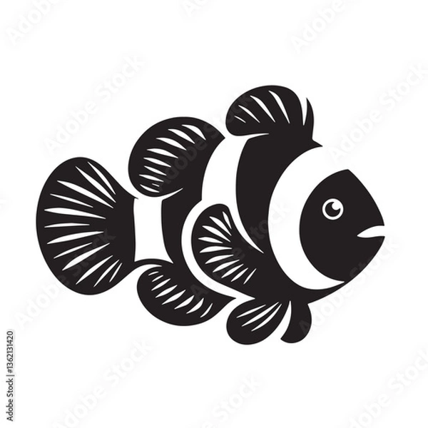 Obraz Black Color Clownfish Silhouette Vector Illustration, Solid White Background