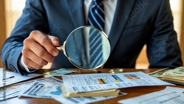 Fototapeta Business investigator analyzing documents with magnifying glass