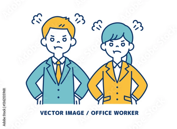 Fototapeta 腰に手をあてて激怒する、男女の会社員のシンプルなベクターイラスト素材＿線の編集可能