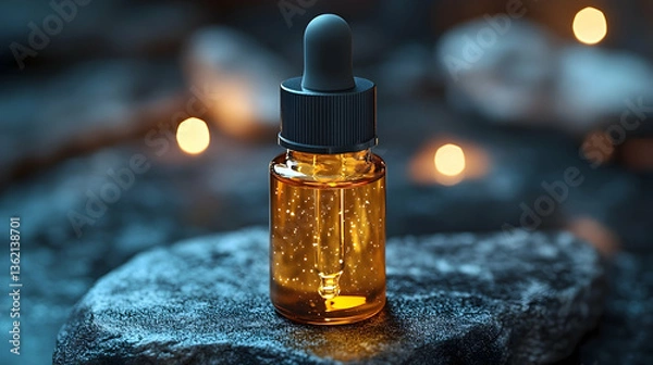 Fototapeta Bottle with dropper on textured stone, bokeh lights background, warm hues