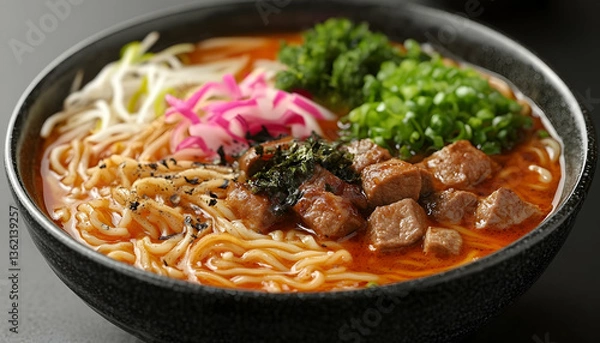 Fototapeta Bowl of ramen with noodles, meat, broth, and colorful vegetable toppings