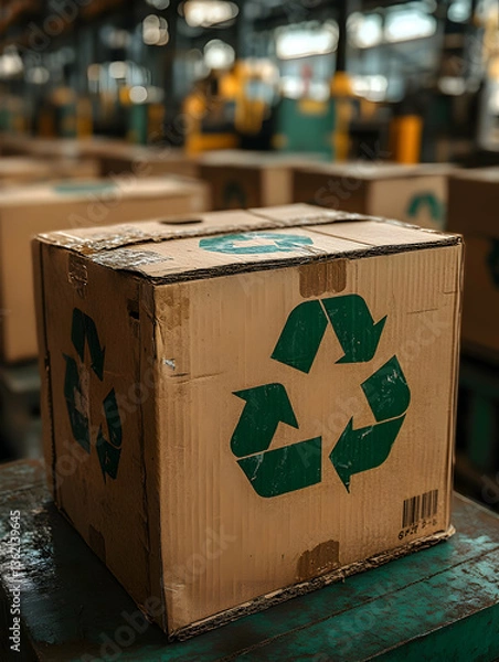 Fototapeta Box with recycling logo on line in factory or plant